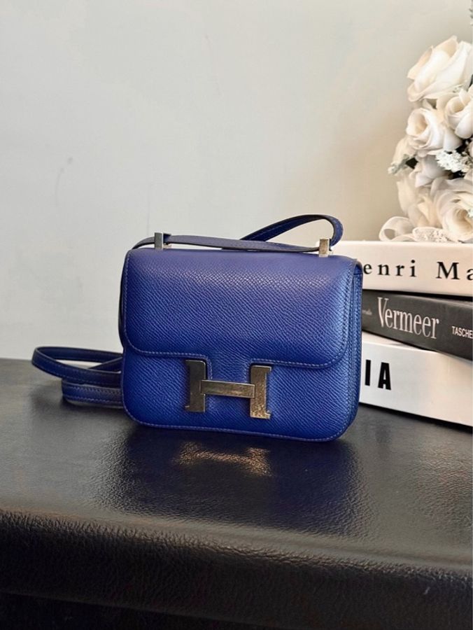 二手愛馬仕 Hermes 康康Constance 19 藍色epsom皮 銀扣單肩包-13