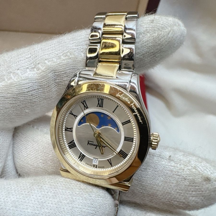 二手正品Salvatore Ferragamo菲拉格慕1898系列Moon Phase半金日月星辰手錶 精品錶-15