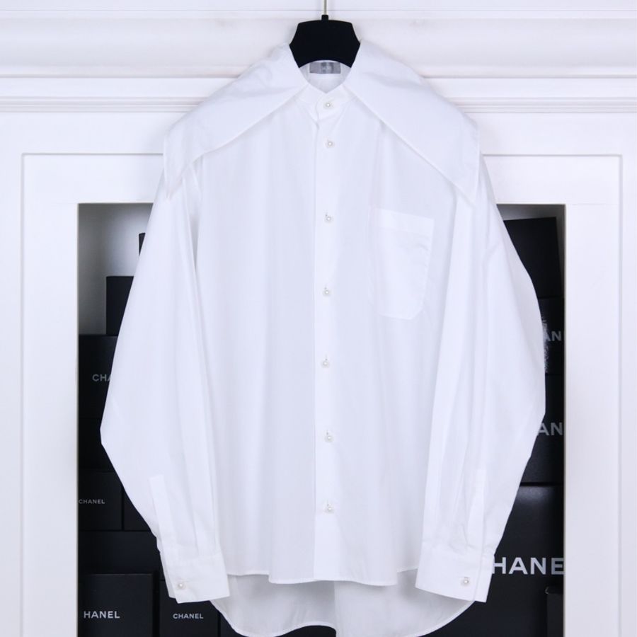 Dior 白色珍珠扣小领结长袖衬衫上衣-7