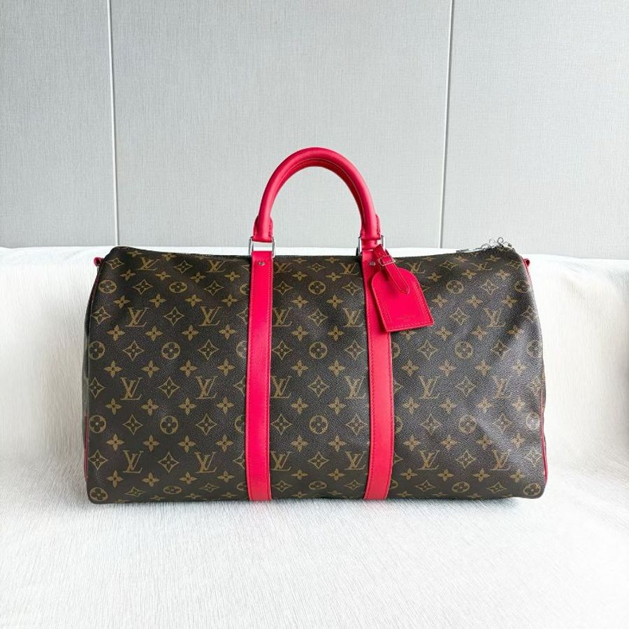 LV 老花Keepall50旅行袋 芯片款 老花拼紅 銀扣 50*29*24 99新配件鑰匙*2 鎖 肩帶 塵袋-3