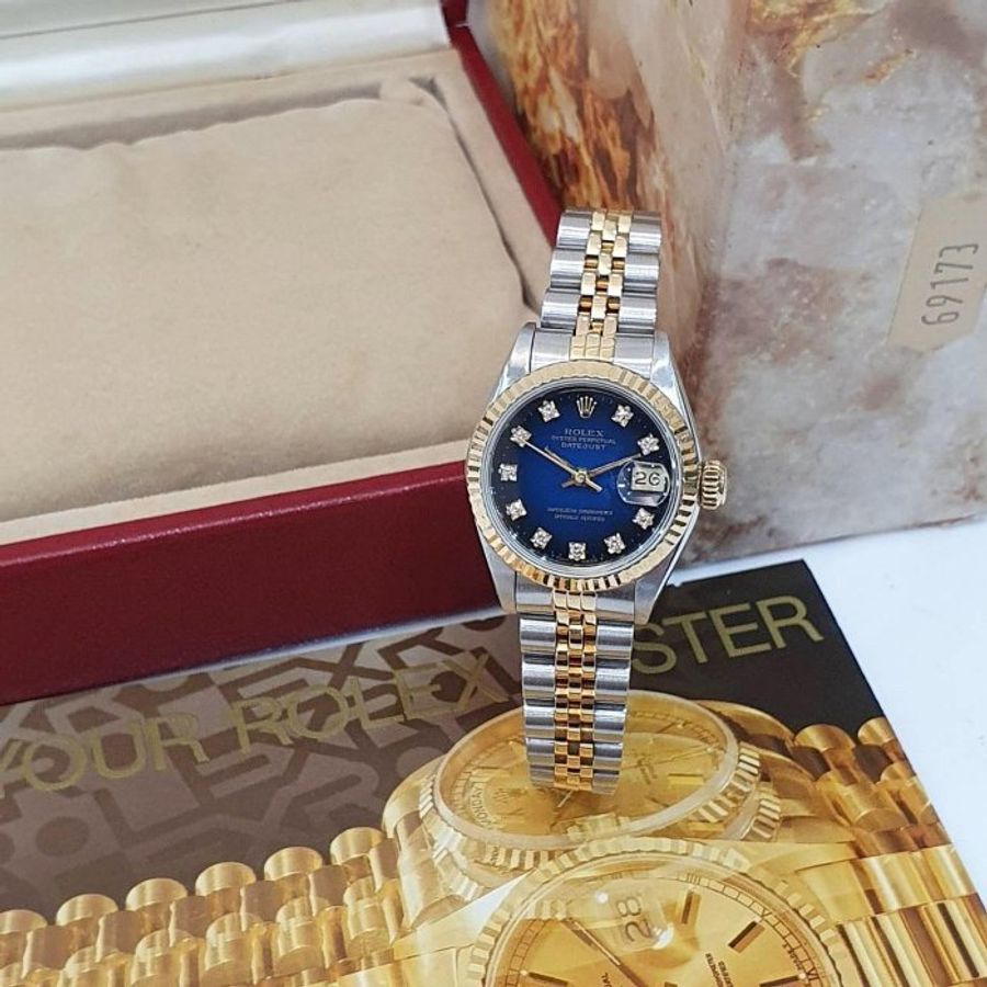 【大眾名錶】ROLEX勞力士69173 Datejust 蠔式女錶 太陽圈 原廠漸層藍十鑽面盤 錶徑26mm 自動上鍊 18K金及不鏽鋼 B1287-3