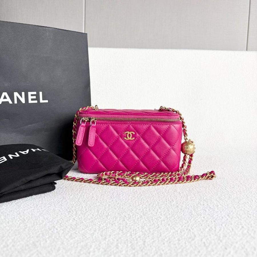 Chanel 金球盒子化妝包 玫紅色 金扣 羊皮 16*10*8  99新配件塵袋-2