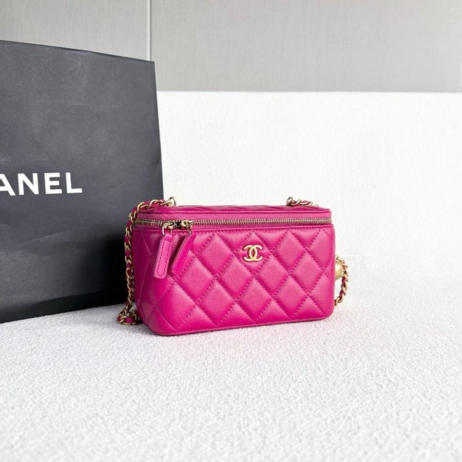 Chanel 金球盒子化妝包 玫紅色 金扣 羊皮 16*10*8  99新配件塵袋-3