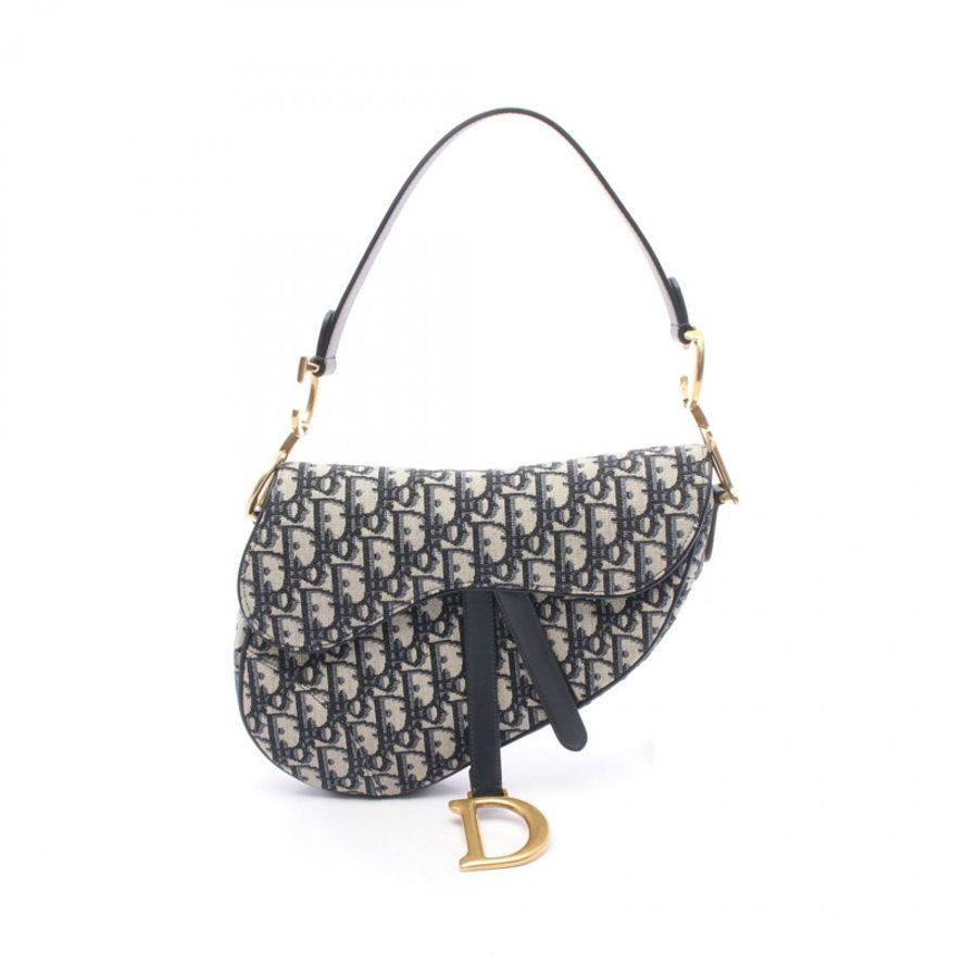 Christian Dior SADDLE Oblique 單肩手提包,帆布皮革,海軍藍/米色,二手-0