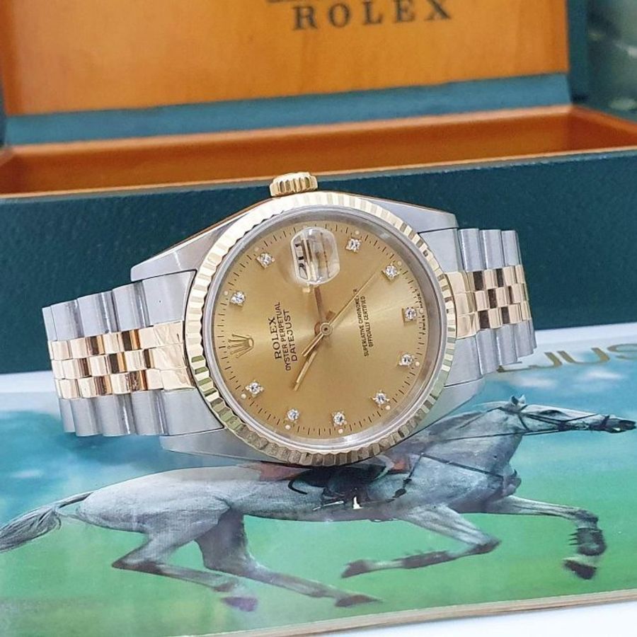 【大眾名錶】ROLEX勞力士 16233 Datejust 蠔式日誌 金色面盤 鑽石時標 錶徑36mm 大眾名錶G027-4