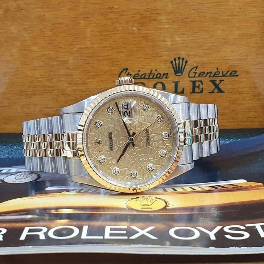 【大眾名錶】ROLEX 勞力士16233 Datejust 蠔式日誌DJ36 新包台 金色十鑽紀念面盤 大眾名錶G310-3