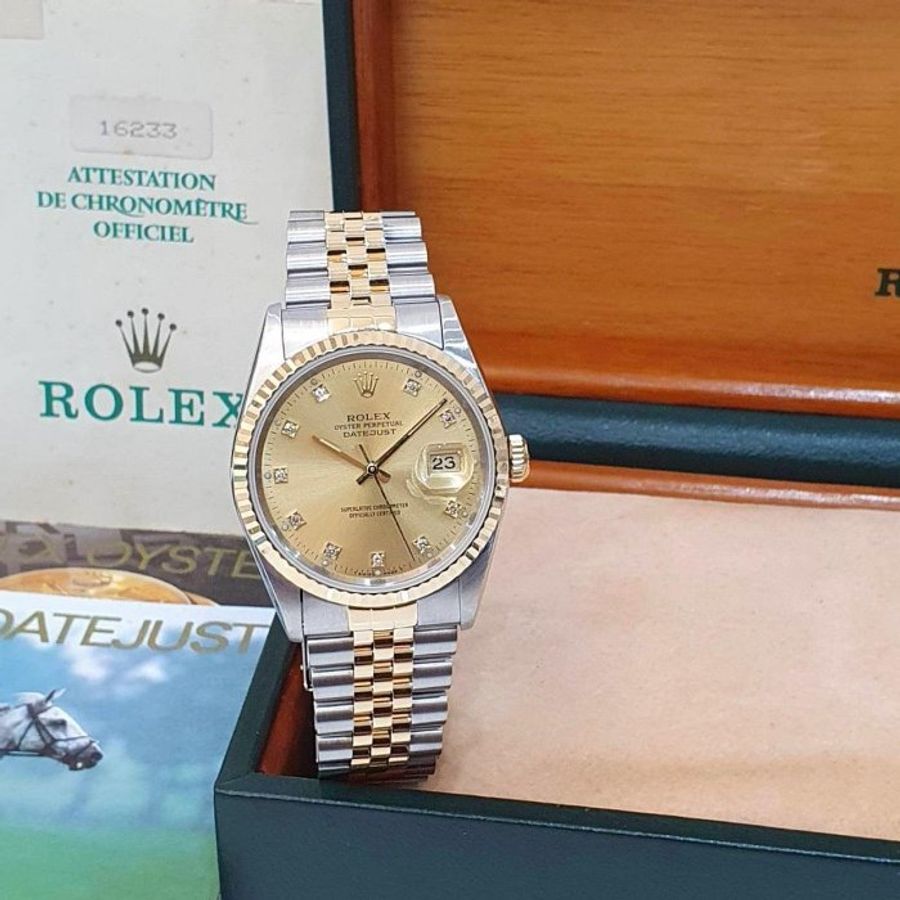 【大眾名錶】ROLEX 勞力士16233 Datejust 蠔式半金 經典錶款 太陽圈 金色十鑽面盤 錶徑36mm 自動上鍊 大眾名錶B1276-3