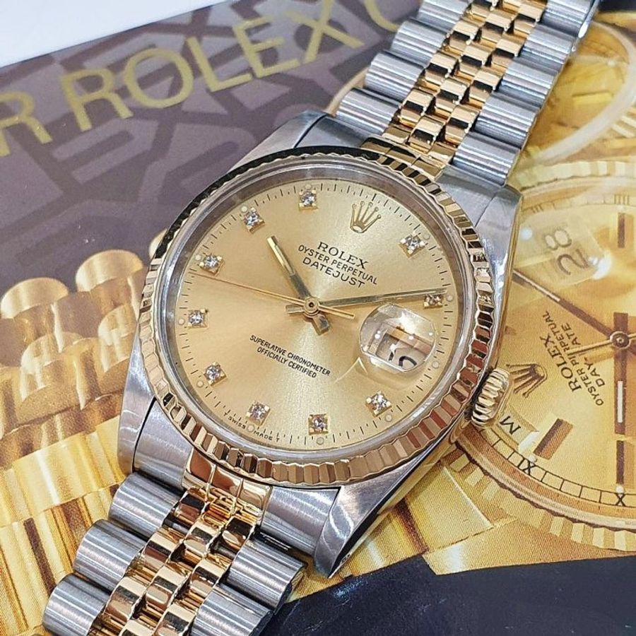 【大眾名錶】 Rolex 勞力士16233 Datejust 蠔式日誌 經典太陽圈 金色十鑽面盤 大眾名錶B1314-5