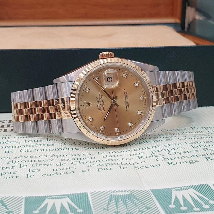 【大眾名錶】ROLEX勞力士 16233 Datejust 蠔式日誌 太陽圈 金色十鑽面 底蓋原廠貼紙 大眾名錶G287-2