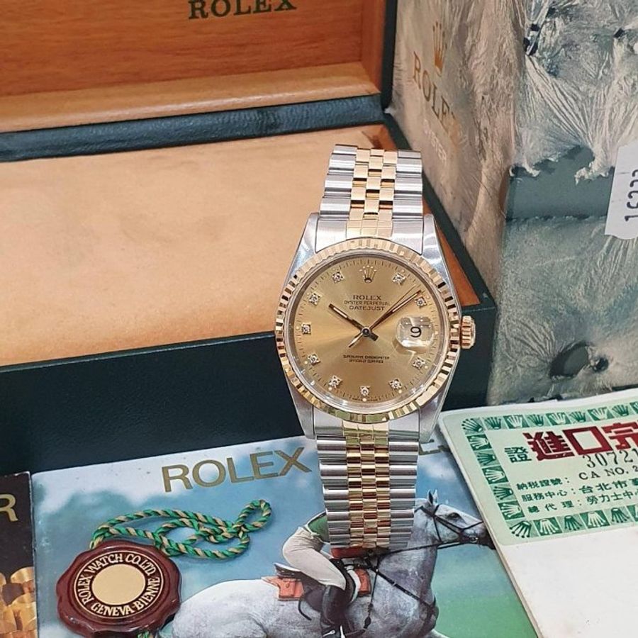 【大眾名錶】ROLEX勞力士 16233 Datejust 蠔式日誌 太陽圈 金色十鑽面 底蓋原廠貼紙 大眾名錶G287-3