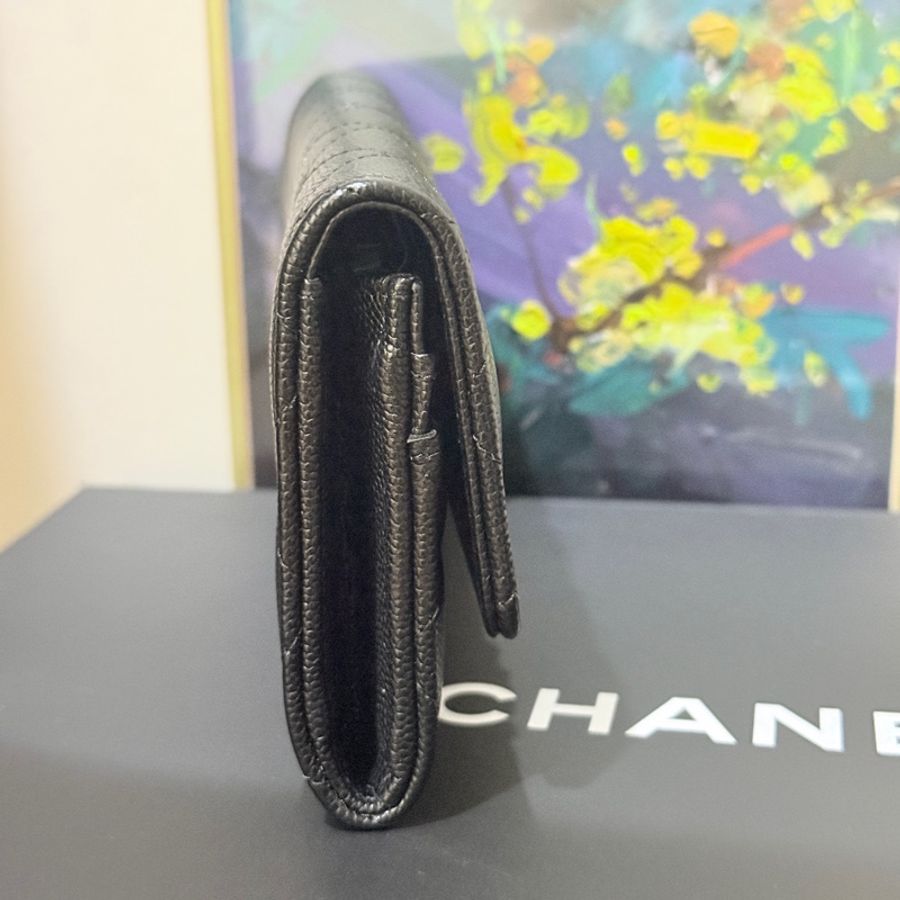 非常美🖤晶片款✨CHANEL黑色荔枝皮 香奈兒翻蓋皮夾 雙C帶鑽鴛鴦釦-3