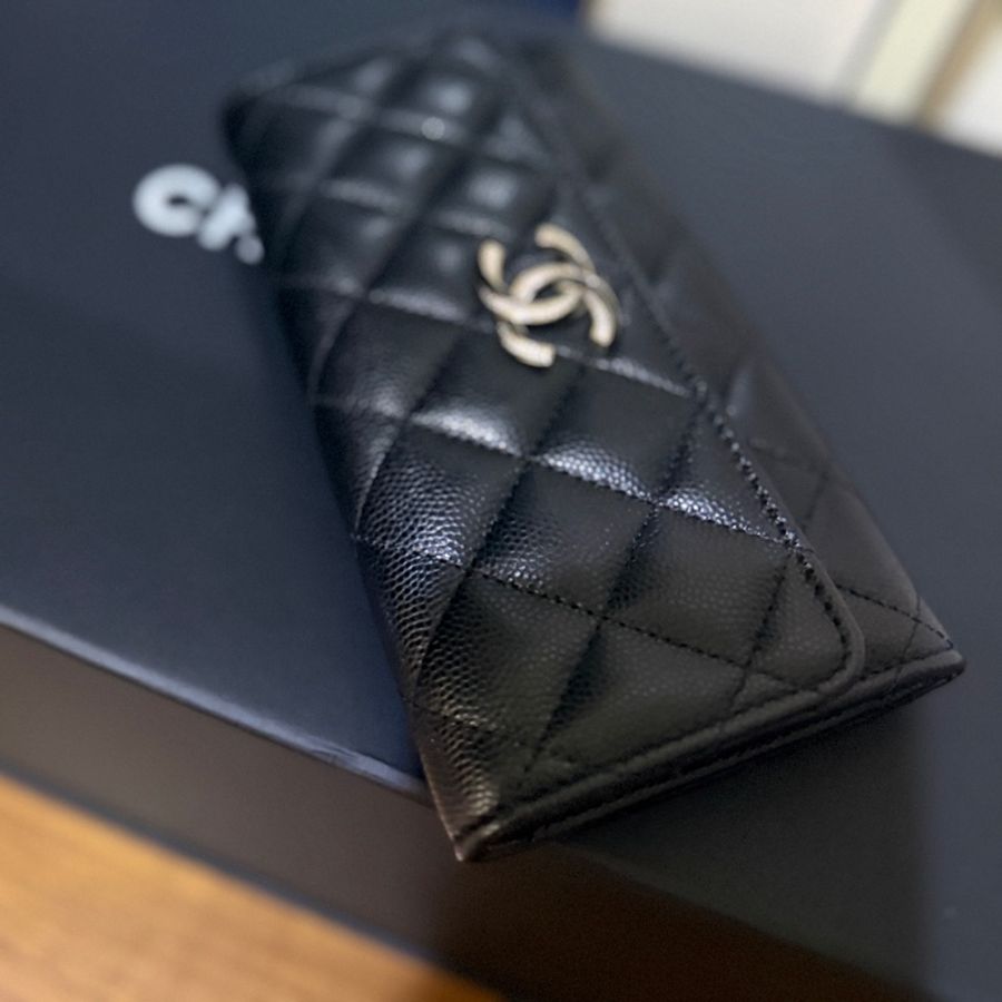 非常美🖤晶片款✨CHANEL黑色荔枝皮 香奈兒翻蓋皮夾 雙C帶鑽鴛鴦釦-7