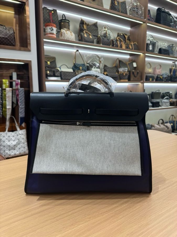 Hermes Herbag39 防水布拼牛皮 黑銀扣外縫手提單肩斜挎包 年份:D刻 附件:塵袋鎖鑰匙 尺寸約:39x32x12cm-1