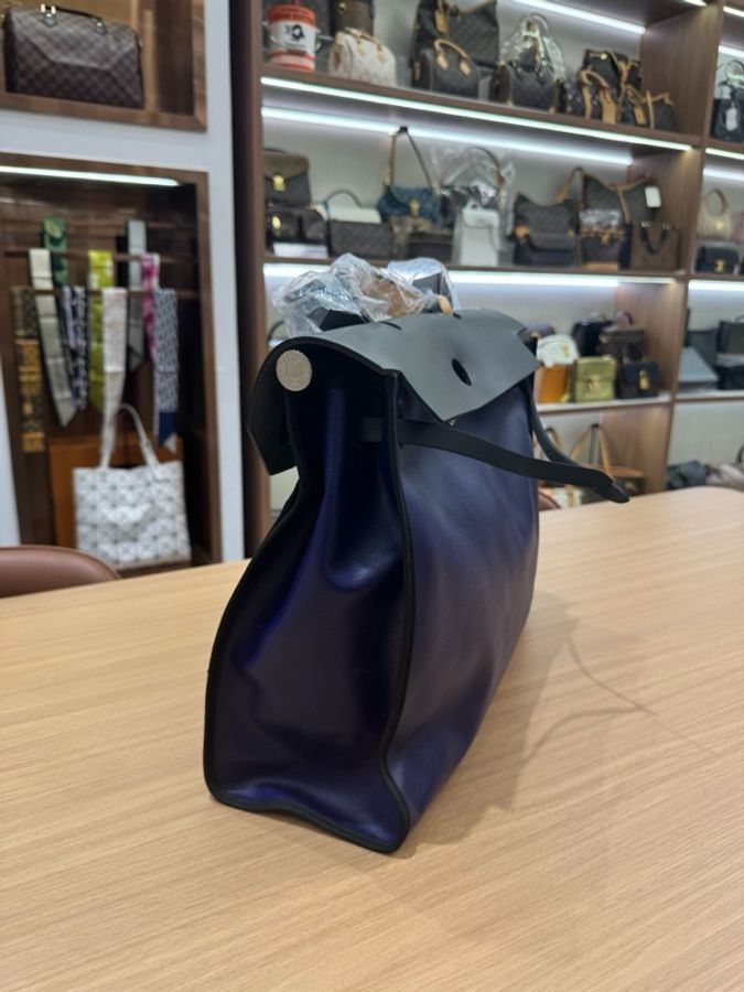 Hermes Herbag39 防水布拼牛皮 黑銀扣外縫手提單肩斜挎包 年份:D刻 附件:塵袋鎖鑰匙 尺寸約:39x32x12cm-2