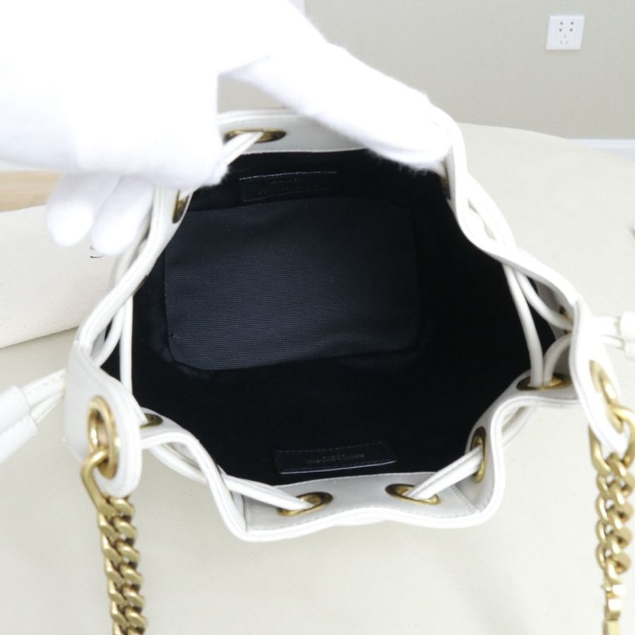 99新 YSL 聖羅蘭 女士水桶包,白色羊皮金扣-8