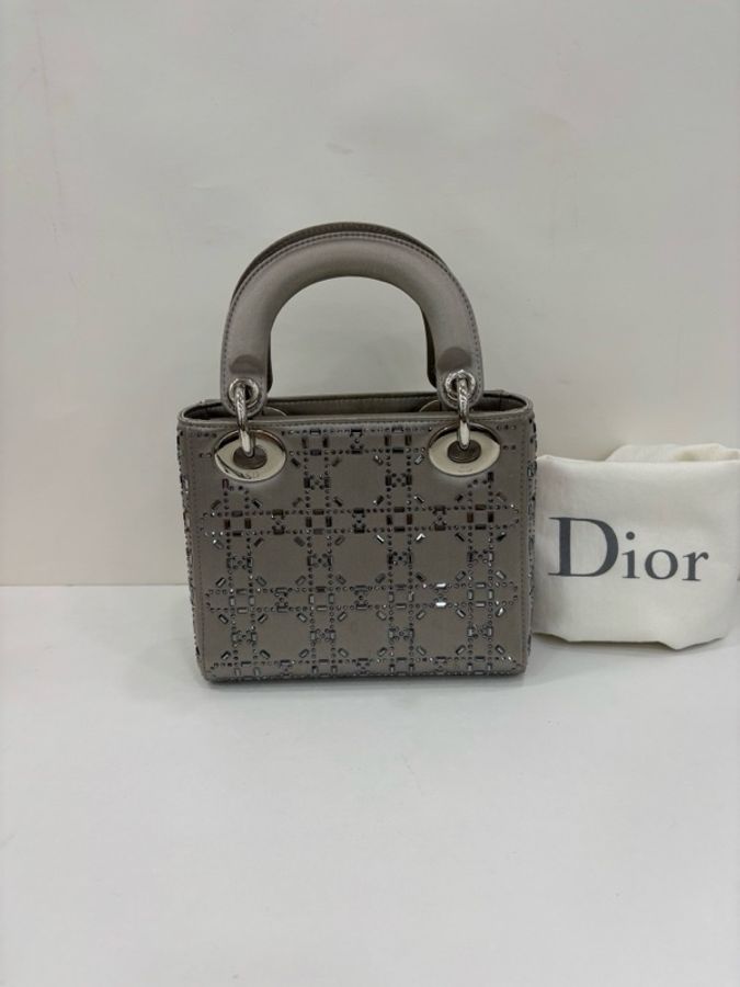 Dior迪奧 灰色綢緞三格水鑽lady戴妃包,19年標 尺寸17/14/7cm-2