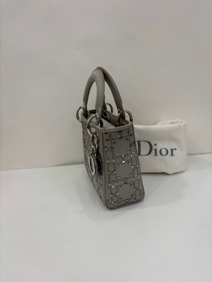 Dior迪奧 灰色綢緞三格水鑽lady戴妃包,19年標 尺寸17/14/7cm-4