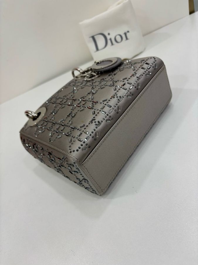 Dior迪奧 灰色綢緞三格水鑽lady戴妃包,19年標 尺寸17/14/7cm-5