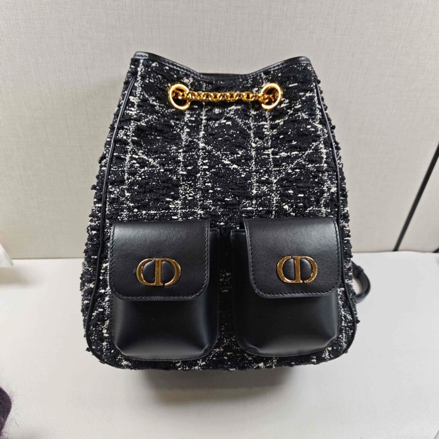 迪奧/Dior 中號 Dior Caro Multicarry 雙肩背包斜挎包 黑色粗花呢白色藤格紋圖案 金扣-1