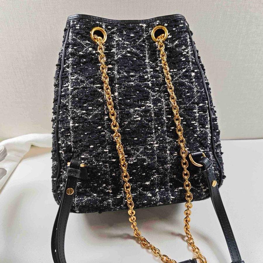 迪奧/Dior 中號 Dior Caro Multicarry 雙肩背包斜挎包 黑色粗花呢白色藤格紋圖案 金扣-3