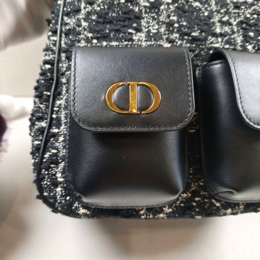 迪奧/Dior 中號 Dior Caro Multicarry 雙肩背包斜挎包 黑色粗花呢白色藤格紋圖案 金扣-4