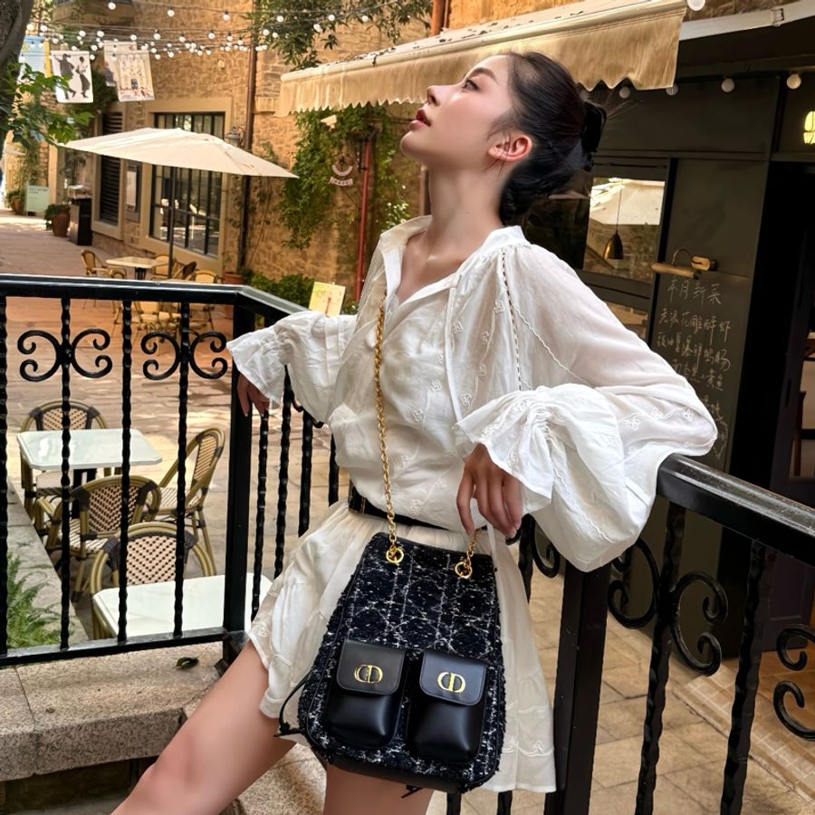 迪奧/Dior 中號 Dior Caro Multicarry 雙肩背包斜挎包 黑色粗花呢白色藤格紋圖案 金扣-8