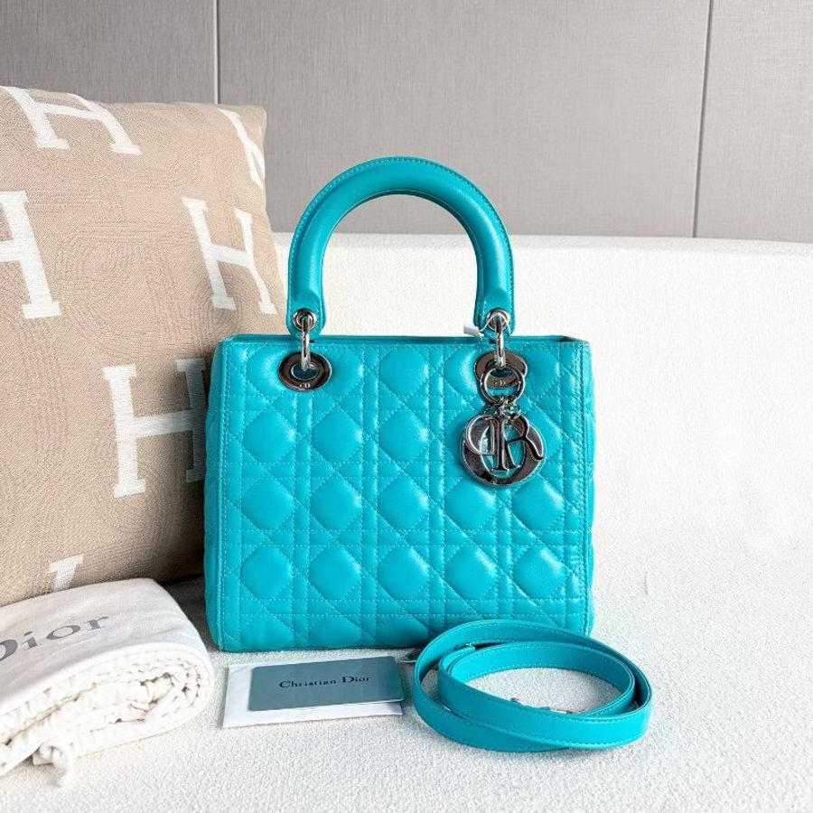 Dior 黛妃五格手提斜背包 淺藍色 銀扣 24*20*12 98新配件保卡 肩帶 塵袋-2