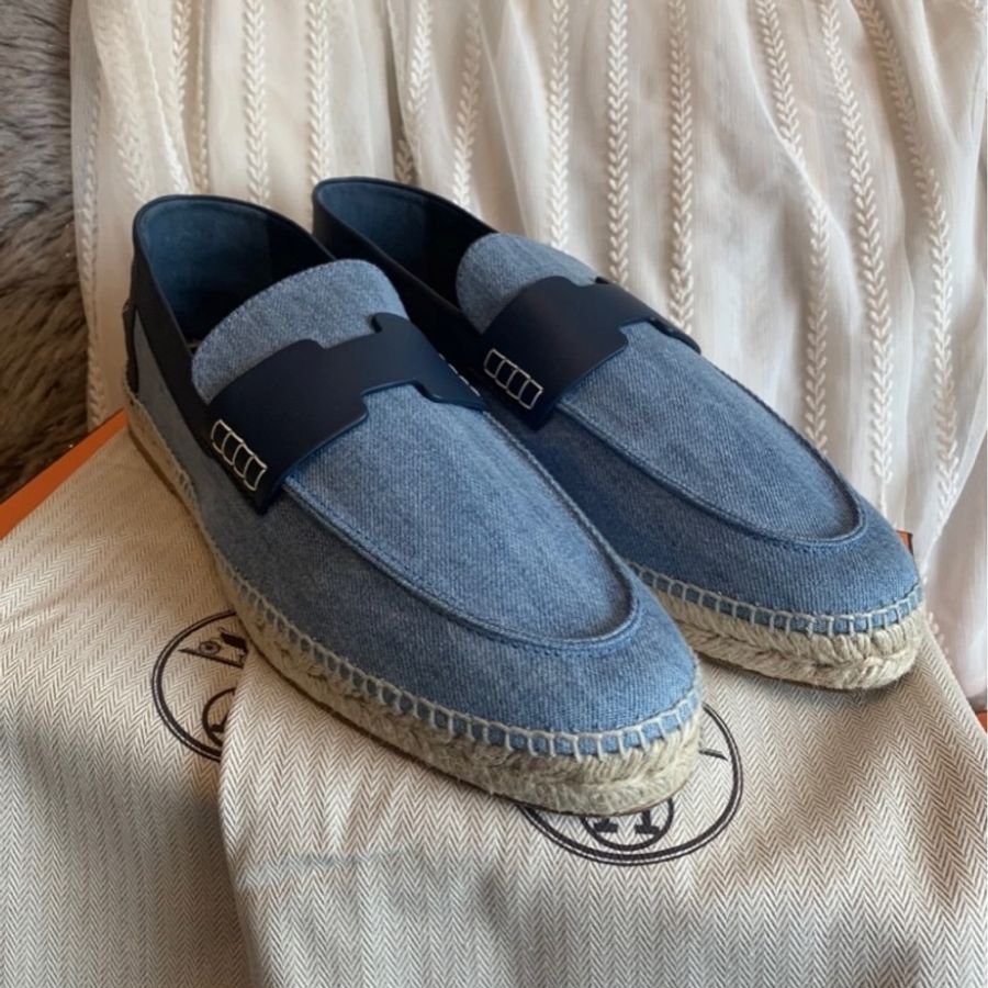愛馬仕Hermès 草編 中底 男裝 男生 全新 尺寸 size 44 熱門Trip 系列草編漁夫鞋Espadrille 休閒鞋 牛仔布 丹寧 brand new hermes denim h logo shoes 稀少尺寸-1