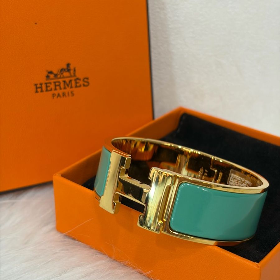 Hermes Clic H 黃K色 藍綠琺瑯 寬版手環 手鐲 琺瑯 PM-0