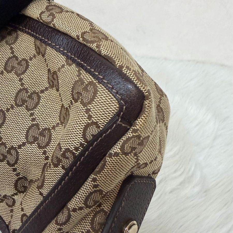 GUCCI 130939 深咖皮 緹花布 金釦 Abbey GG 肩背包-12