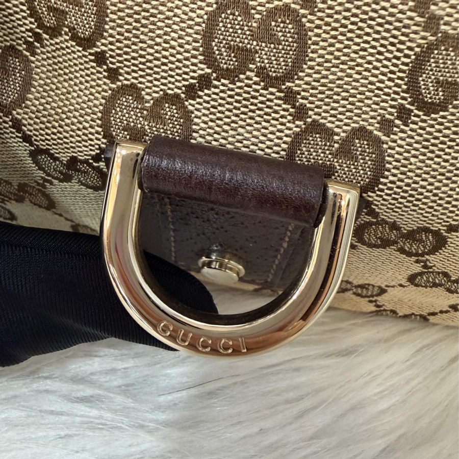 GUCCI 130939 深咖皮 緹花布 金釦 Abbey GG 肩背包-21