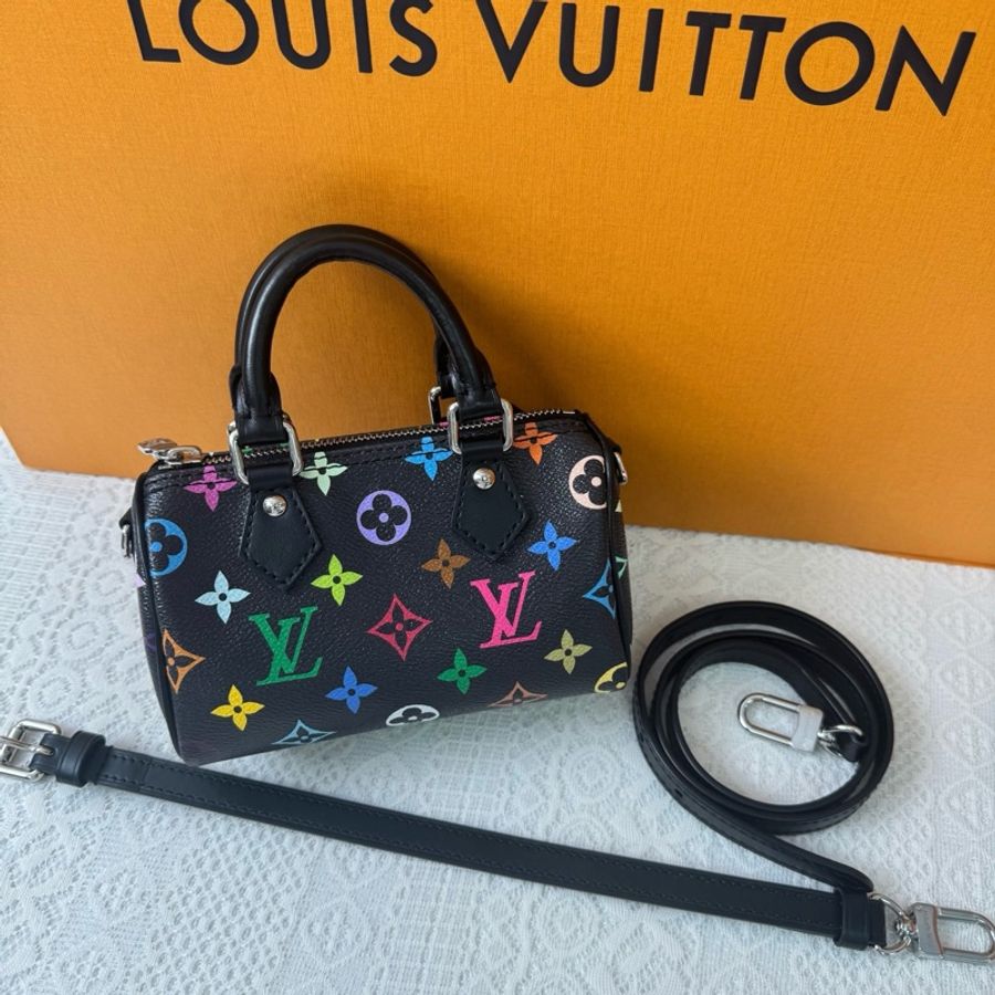 🌈 Lv 路易威登 speedy nano 黑三彩 手提包單肩包斜挎包 銀扣 芯片款-1