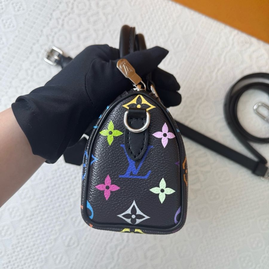 🌈 Lv 路易威登 speedy nano 黑三彩 手提包單肩包斜挎包 銀扣 芯片款-3