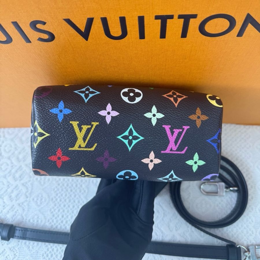 🌈 Lv 路易威登 speedy nano 黑三彩 手提包單肩包斜挎包 銀扣 芯片款-4