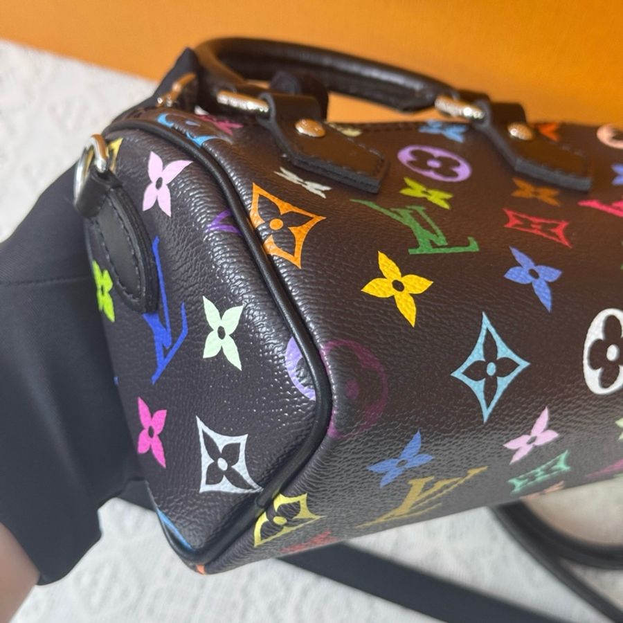 🌈 Lv 路易威登 speedy nano 黑三彩 手提包單肩包斜挎包 銀扣 芯片款-5