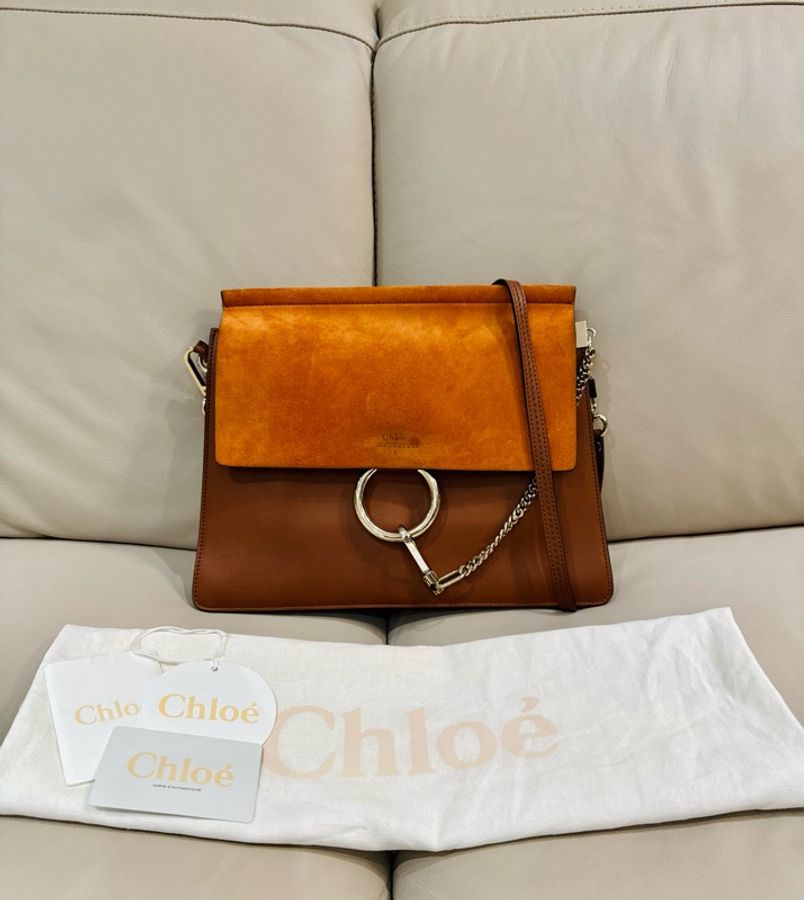 Chloe Faye 皮革肩背斜背包/焦糖棕色/中號/風琴包/98新美品-0