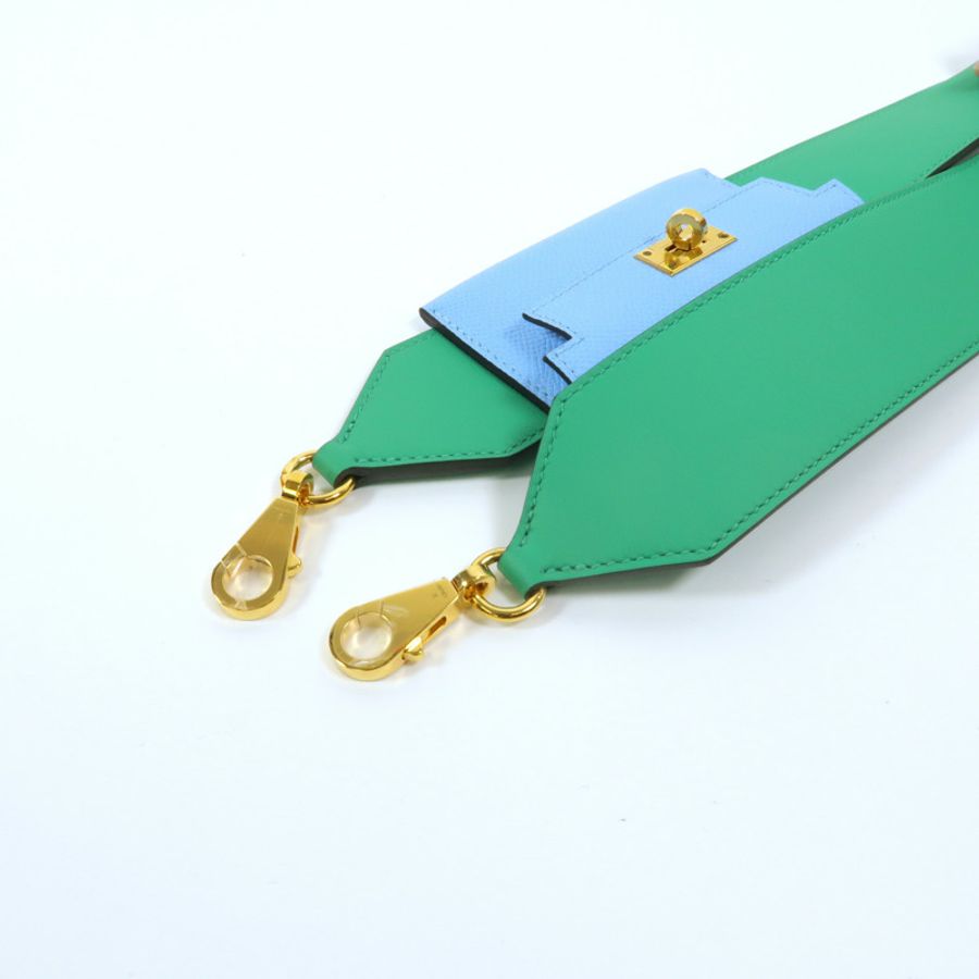 HERMES Swift/Epsom皮革Kelly Pocket Bag Charm肩背帶Bambou/Celeste-4