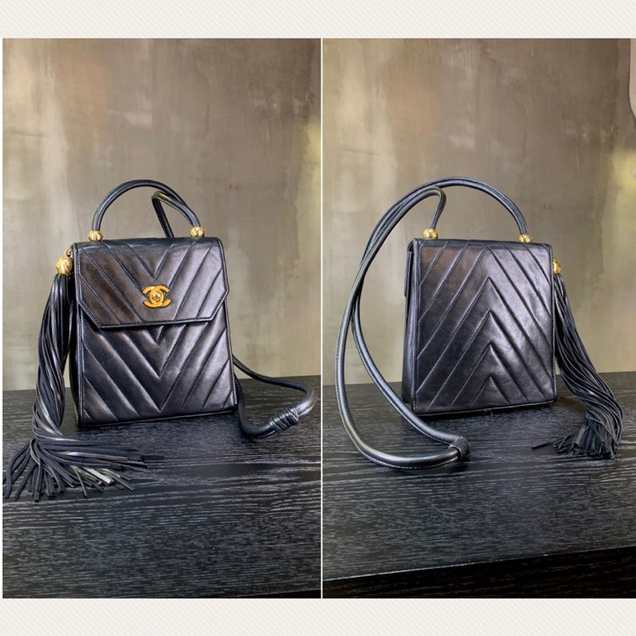 香奈兒黑色羊皮流蘇肩包 Chanel Vintage Lambskin Shoulder Bag with Tassel In Black-1