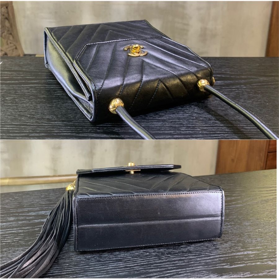香奈兒黑色羊皮流蘇肩包 Chanel Vintage Lambskin Shoulder Bag with Tassel In Black-3