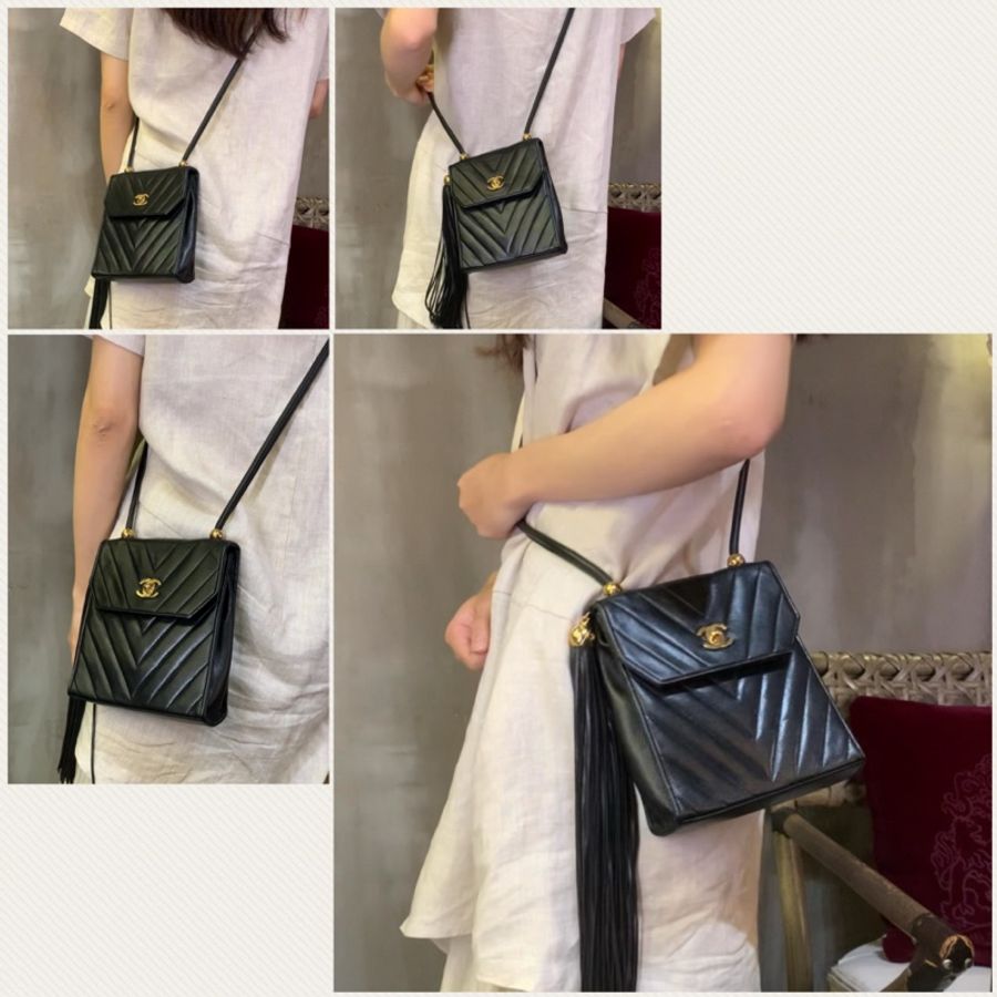 香奈兒黑色羊皮流蘇肩包 Chanel Vintage Lambskin Shoulder Bag with Tassel In Black-6