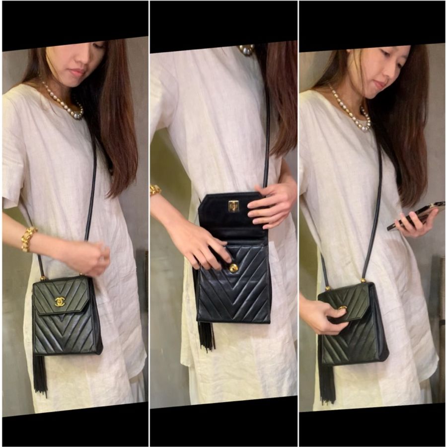 香奈兒黑色羊皮流蘇肩包 Chanel Vintage Lambskin Shoulder Bag with Tassel In Black-7