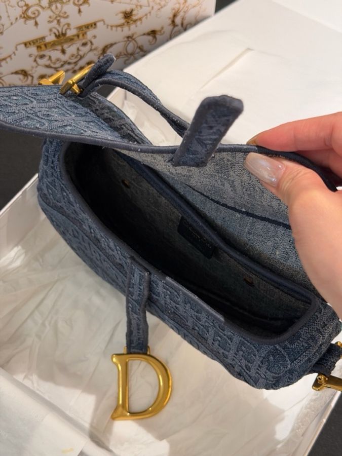 Dior迪奧藍色牛仔刺繡老花金扣馬鞍包手提包1中號-7