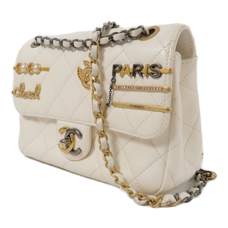 CHANEL 羊皮皮革Pearl Hairpin Badge Bag鏈帶肩背袋-2