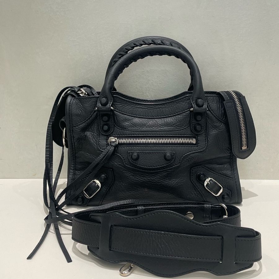 Balenciaga巴黎世家mini 黑銀油蠟皮機車包-0