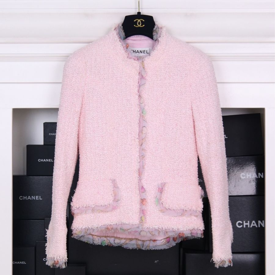 Chanel 04年樱花粉冰淇淋花边粗花呢上衣外套-0