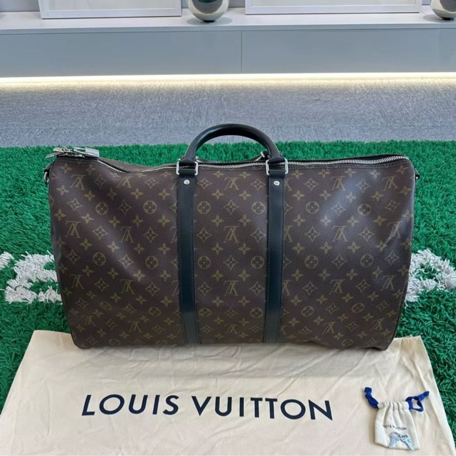 99新 Louis Vuitton lv經典爆款 老花黑色配皮拼接 老花旅行袋 55尺寸 芯片款-1