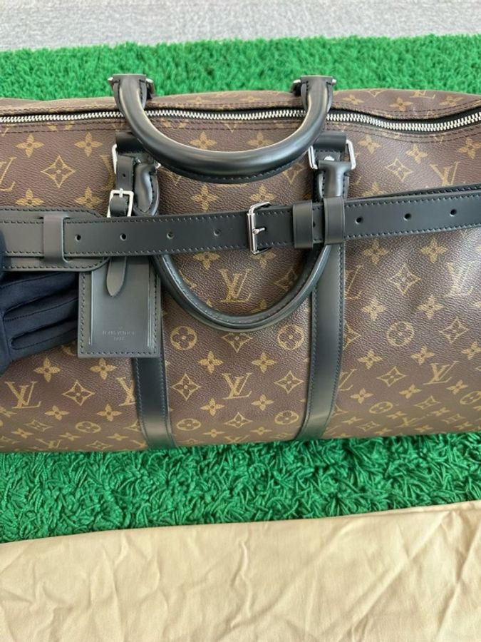 99新 Louis Vuitton lv經典爆款 老花黑色配皮拼接 老花旅行袋 55尺寸 芯片款-5