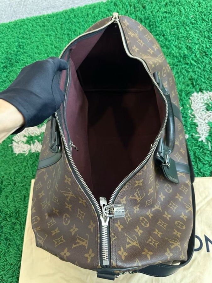 99新 Louis Vuitton lv經典爆款 老花黑色配皮拼接 老花旅行袋 55尺寸 芯片款-6