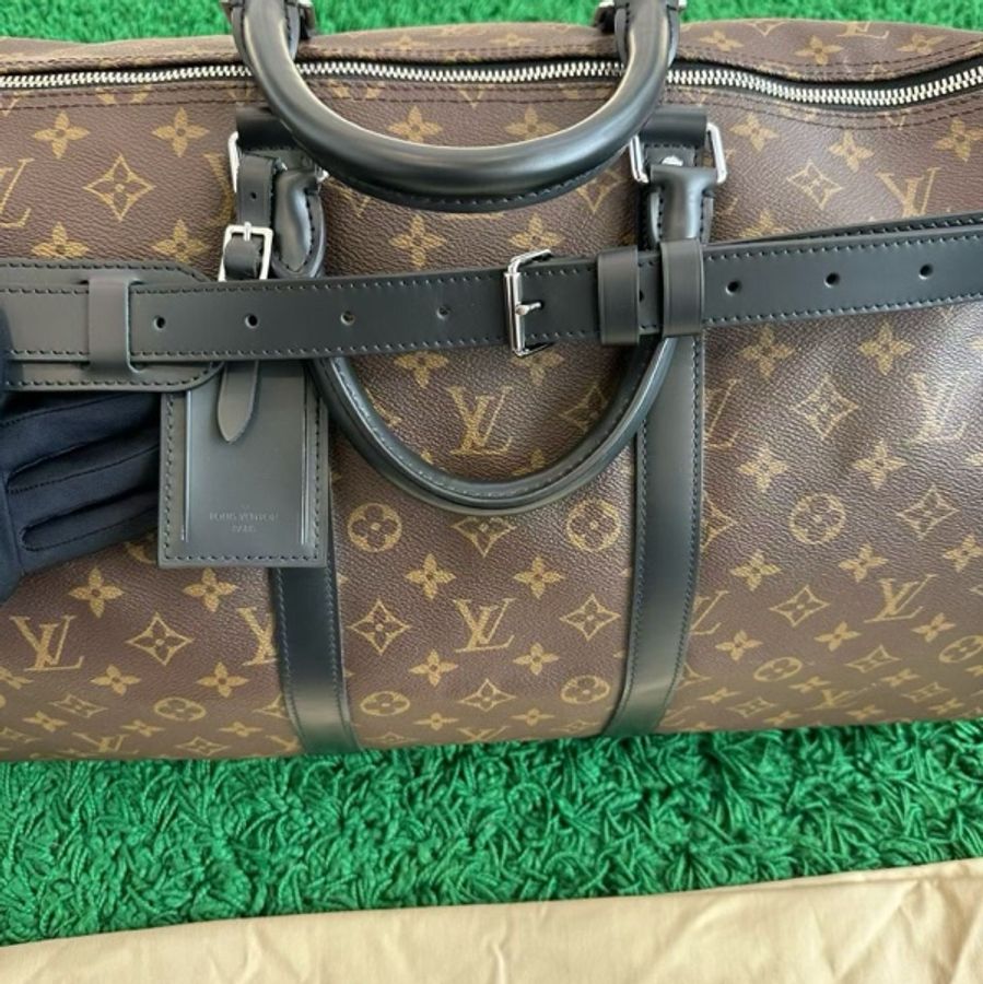 99新 Louis Vuitton lv經典爆款 老花黑色配皮拼接 老花旅行袋 55尺寸 芯片款-7