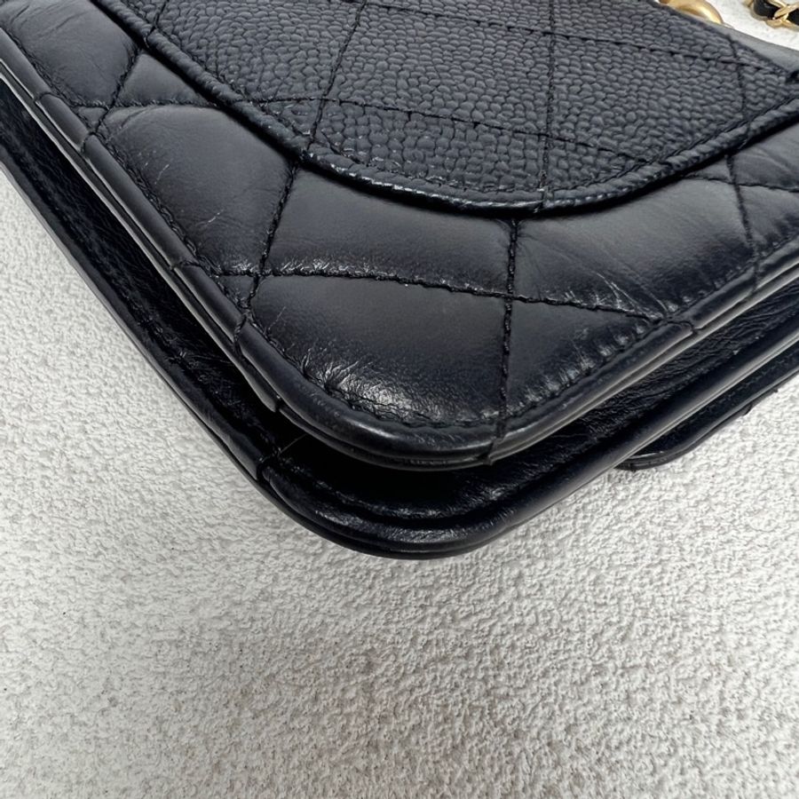 Chanel/香奈兒黑金孟買風琴郵差包油蠟皮,拼荔枝紋牛皮28開無卡-7
